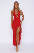 VESTIDO HALTER MIDI CON VOLANTE