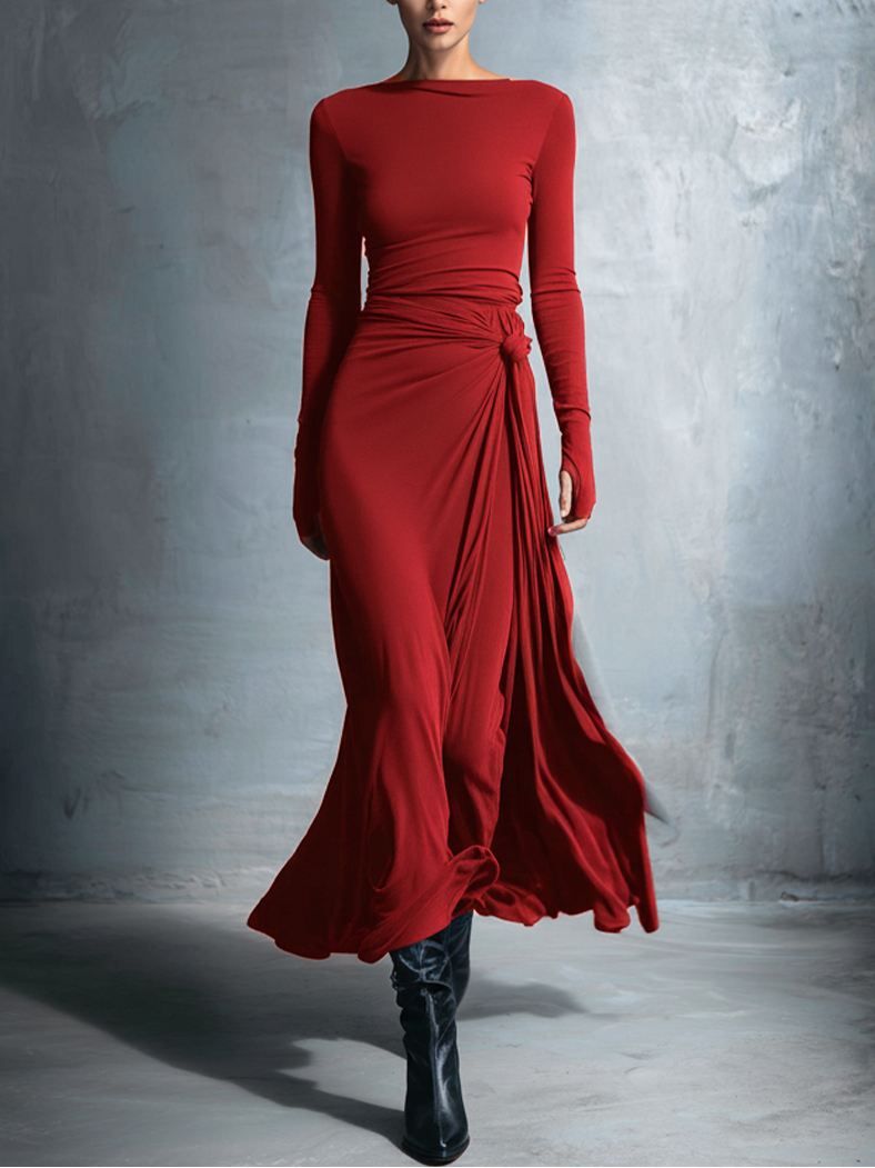 VESTIDO LARGO DRAPEADO CON NUDO LATERAL