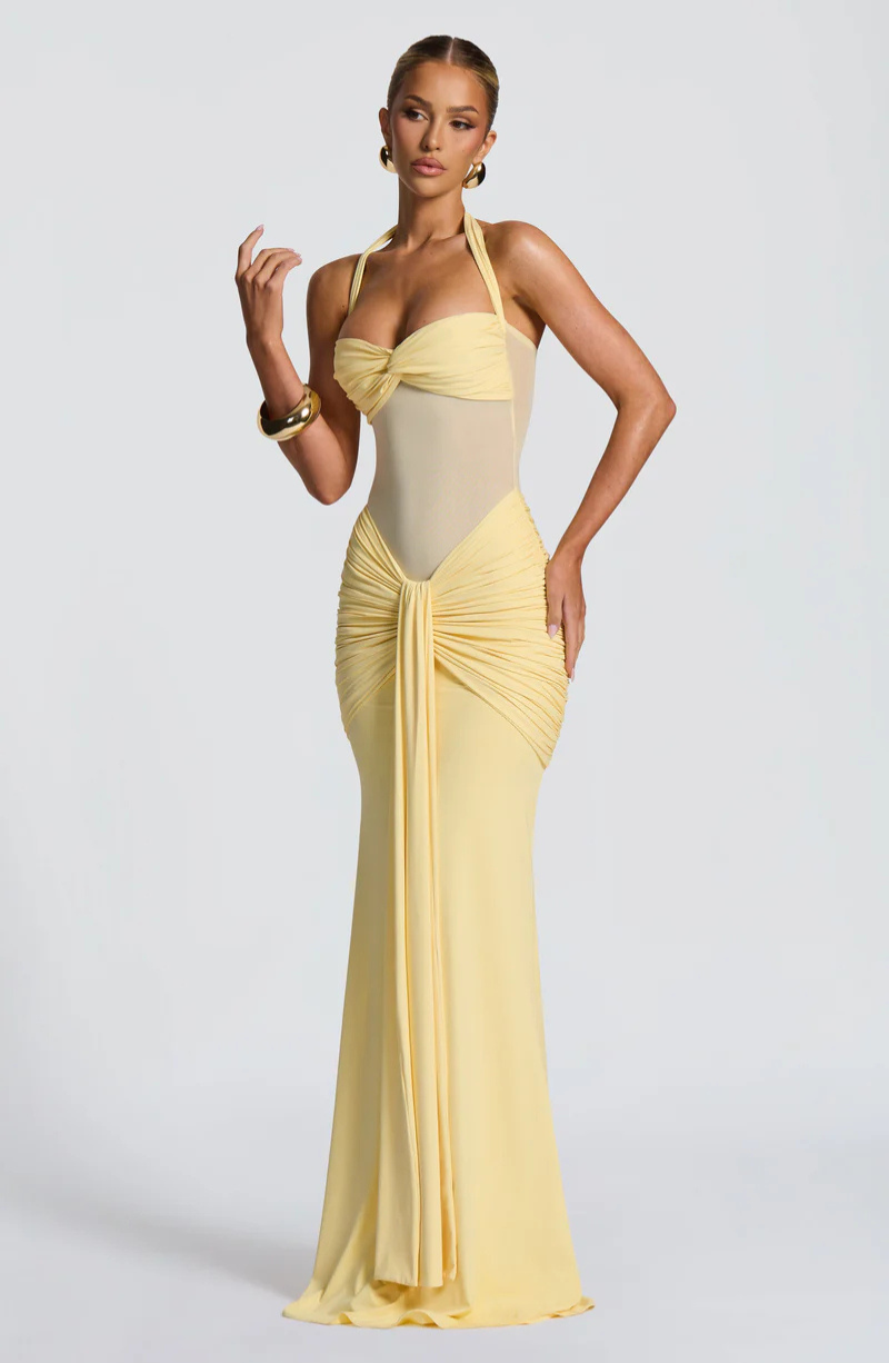VESTIDO LARGO HALTER FRUNCIDO