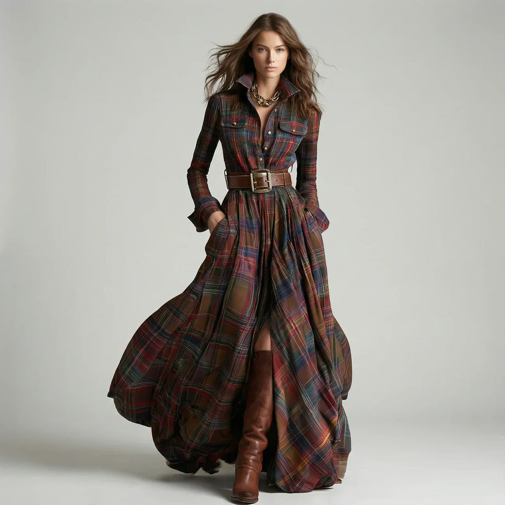 VESTIDO CAMISERO LARGO CUADROS CON CINTURÓN