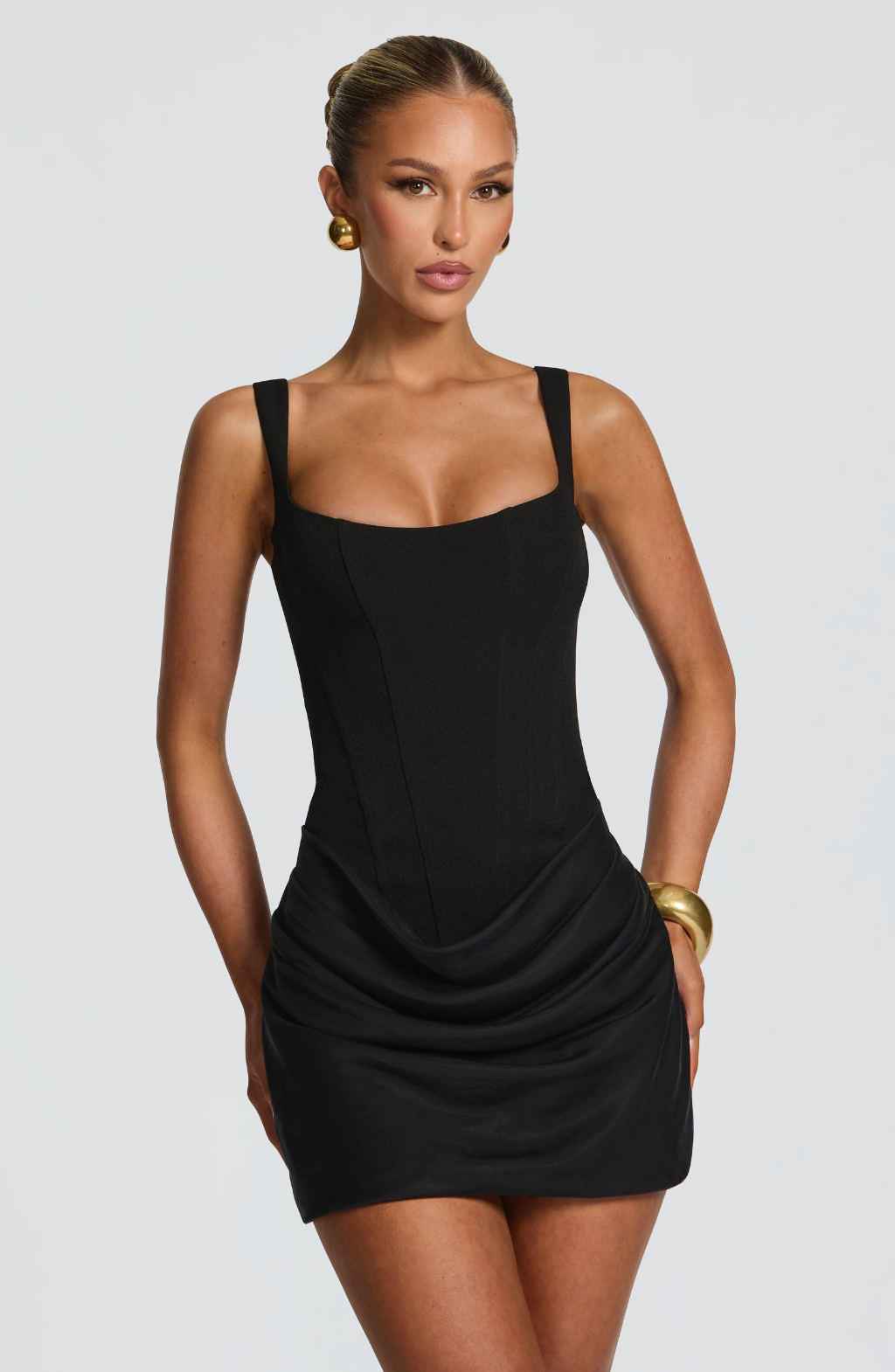 VESTIDO MINI CORSET CON FALDA DRAPEADA