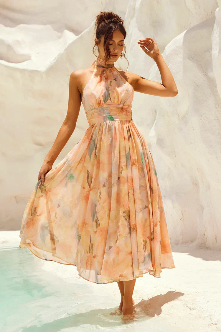 VESTIDO MIDI HALTER TONOS PASTEL ACUARELA