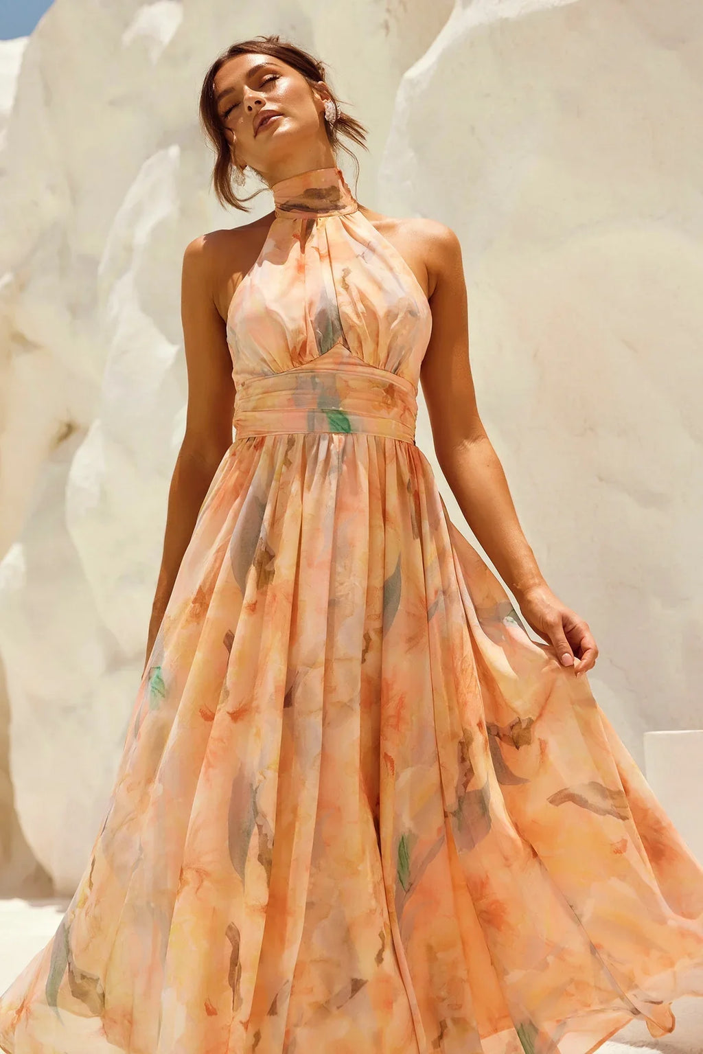 VESTIDO MIDI HALTER TONOS PASTEL ACUARELA