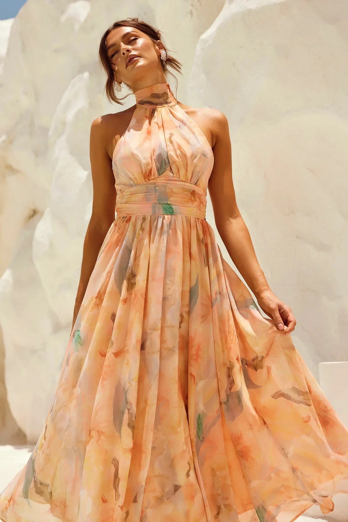 VESTIDO MIDI HALTER TONOS PASTEL ACUARELA