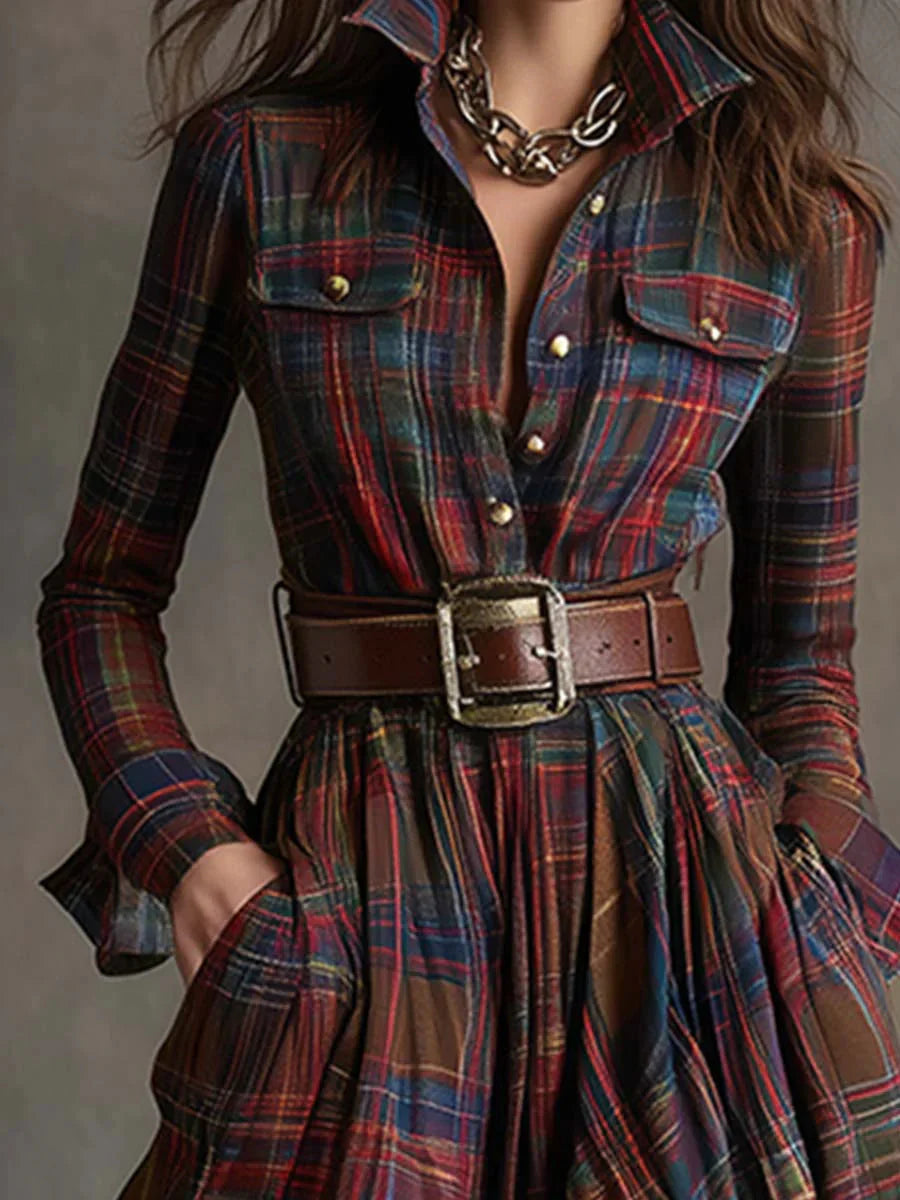 VESTIDO CAMISERO LARGO CUADROS CON CINTURÓN