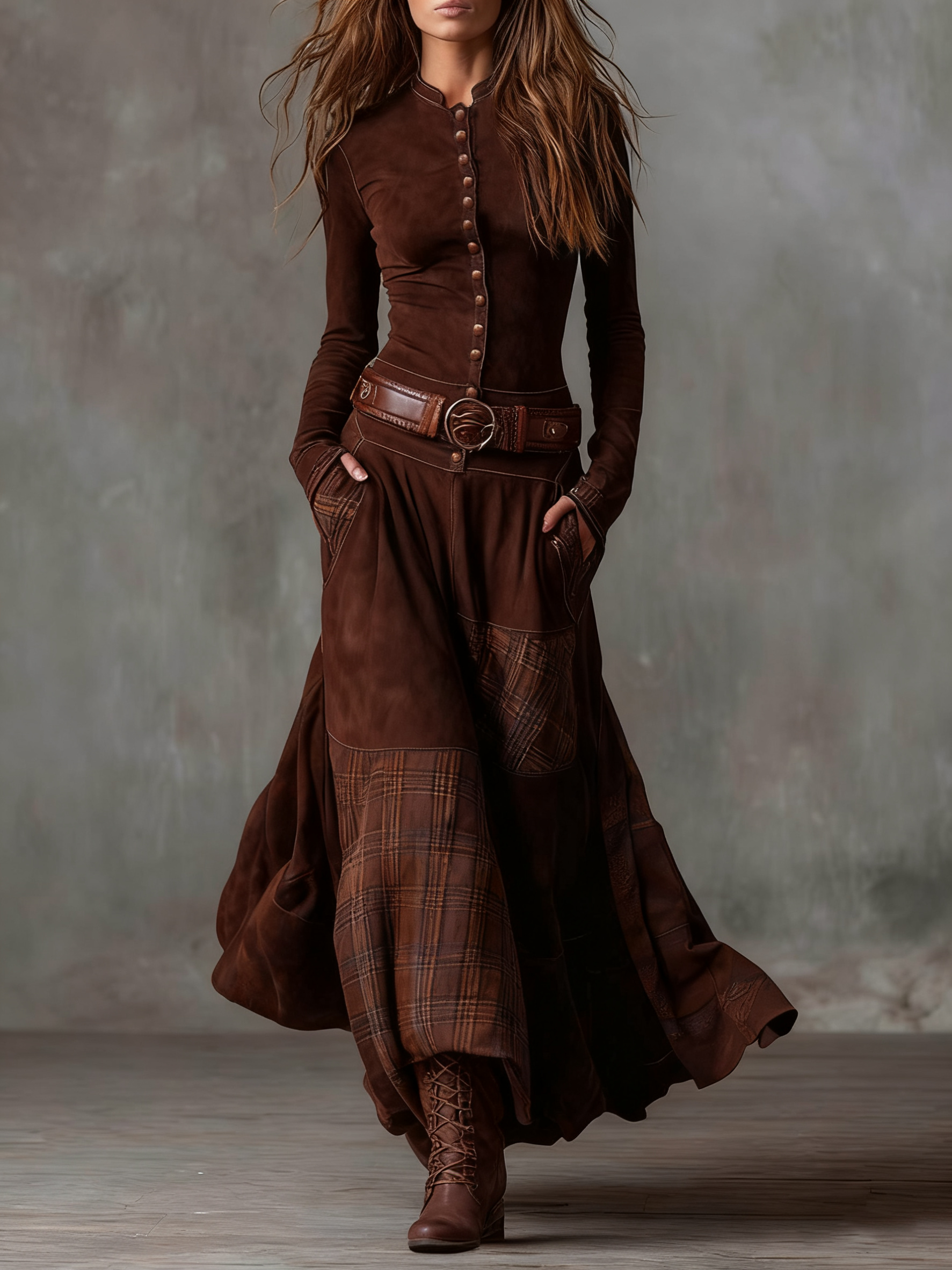VESTIDO LARGO DRAPEADO DE MANGA LARGA