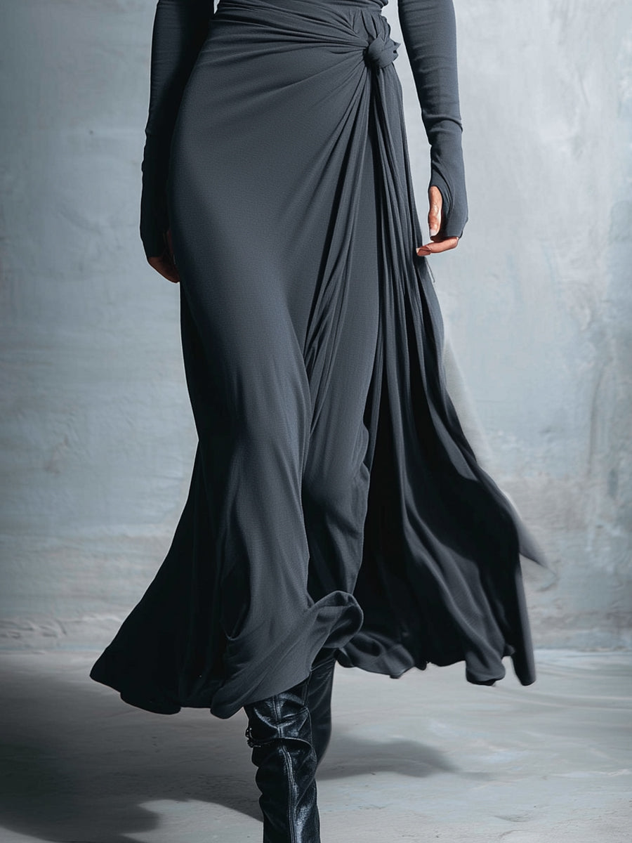 VESTIDO LARGO DRAPEADO CON NUDO LATERAL