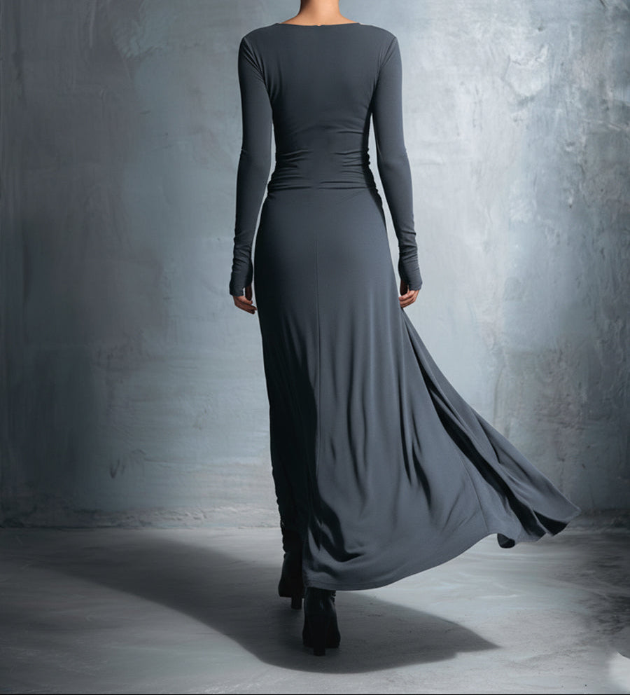 VESTIDO LARGO DRAPEADO CON NUDO LATERAL