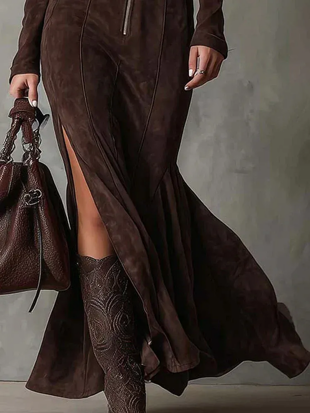 VESTIDO MAXI EFECTO ANTE CON CREMALLERA Y CINTURÓN